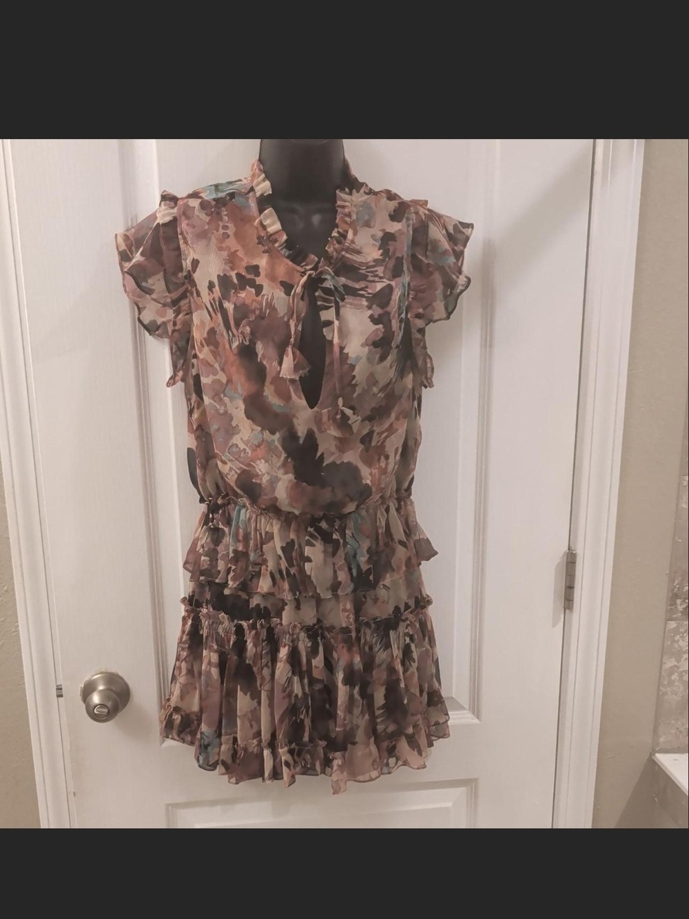 MISA Los Angeles Brown Multi Floral Ruffle Tiered Mini Dress size Small